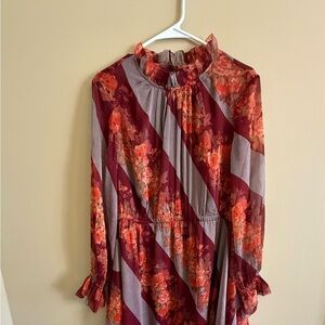 Vibrant Floral Long Sleeve Sheer Dress. Size Medium teared layers. Fall colors